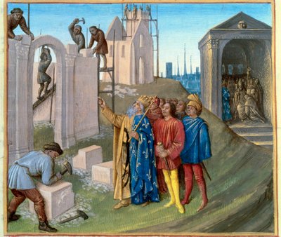 Şantiyeyi denetleyen Charlemagne (742-814) tarafından Aachen sarayının (796-805) inşası. Sağda, Kambur Pepin (770-811) bir keşiş oluyor. Jean Fouquet (1420-1) tarafından aydınlatılan “Les Grandes Chronicles de France”dan minyatür by Jean Fouquet