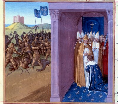 Defeat of Griffon (scene from left): Fight of Pepin the Brief (714-768) and his brother griffon. Rings of Pepin the Brief to Laon in 754. Miniature in “” Grandes chroniques de France”” (Folio 76) enluminated by Jean Fouquet (15th century) 1493. Paris. B N by Jean Fouquet