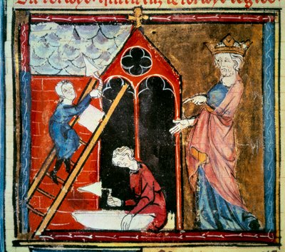 Louis vi le gros (1081 - 1137) supervising the construction of a building. Miniature in “” Grandes chroniques de france”” by Jean Fouquet (1420-1481) by Jean Fouquet