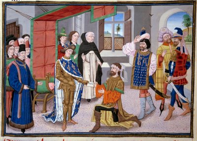 Seventh Crusade: King of France Saint Louis (or Louis IX) (1214-1270) in Nicosia in Cyprus around 1245. Miniature from the “Great Chronicles” by Jean Fouquet (1420-1481). Paris, Library of the Arsenal by Jean Fouquet