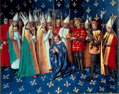 The coronation of Philippe Auguste in Reims on 1/11/1179. Miniature from Chronicles of Saint Denis”” by Jean Fouquet (1420-1481) 15th century. Paris, B.N. by Jean Fouquet