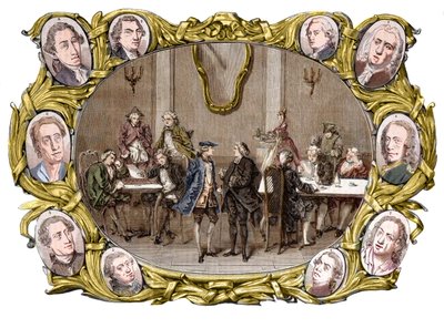 Paris - 18. yüzyılda sağdan sola “Procope” kafesi, madalyonlarda, Georges Louis Leclerc, Comte de Buffon, Nicolas Joseph Florent Gilbert, Denis Diderot, Jean le Rond d