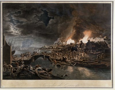 Granville, Vendéans tarafından kuşatılmış alevler içinde, J. François Hue, c. 1800. by Jean Francois Hue