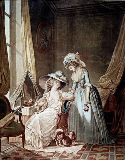 Zor itiraf. Hanımını işiten bir hizmetçi. Jean Francois Janinet (1752-1814) tarafından basılmıştır by Jean Francois Janinet