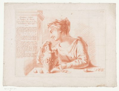 Kadın ve sürahi ile başlık baskısı İnsan vücudunun parçalarını içeren kompozisyonlar (dizi adı) Huitième Cahier, Principes de Dessin (nesne üzerinde seri başlığı) by Jean Francois Janinet