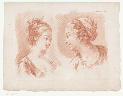 iki kadın kafası 6. Feuille du 8.e Cahier. (nesne üzerindeki başlık) İnsan vücudunun parçalarını içeren kompozisyonlar (dizi adı) Huitième Cahier de Principes de Design (dizi adı) by Jean Francois Janinet