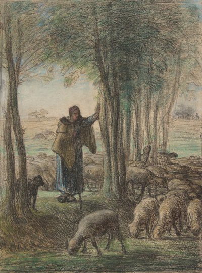 Ağaçların Gölgesinde Bir Çoban ve Sürüsü, 1854-55 (kağıt üzerine konte mum boya ve pastel) by Jean Francois Millet