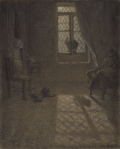 Le chat veya Penceredeki Kedi, 1857-58 (dokuma kağıda sabitlenmiş, damgalama ve karıştırma ile conté mum boya ve pastel) by Jean Francois Millet