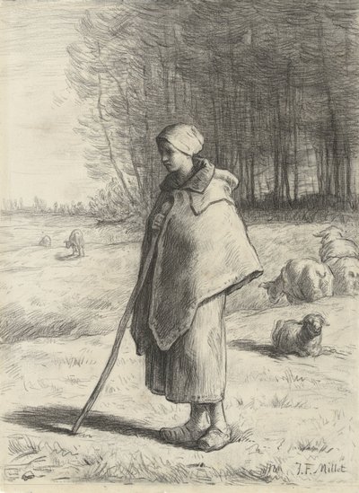 Çoban bir çubuğa yaslanmış by Jean Francois Millet