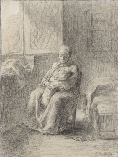 Pencerenin Yanında Bebekli Oturan Kadın, 1824-75 dolayları (kağıt üzerine tebeşir) by Jean Francois Millet
