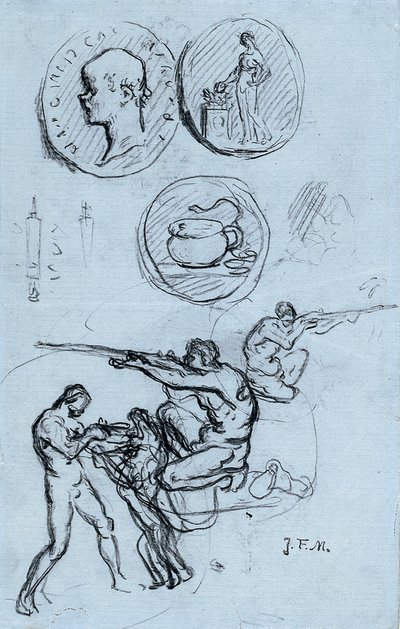 Antika paralar, avcılar ve aslanlı bir adam için üç çalışma by Jean Francois Millet