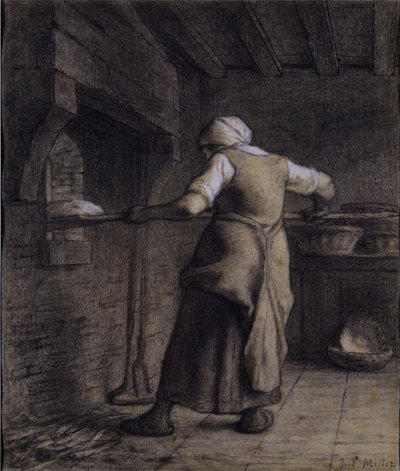 Kadın Ekmek Pişirme (kağıt üzerinde siyah, beyaz ve kahverengi tebeşir) by Jean Francois Millet