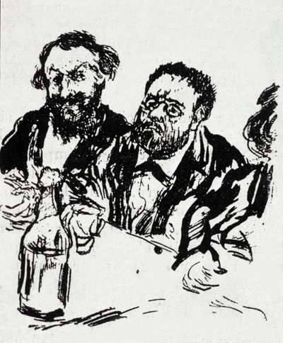 Ressam Edouard Manet (1832-1883) ve yazar Emile Zola (1840-1902) masada Karikatür Jean Francois Raffaelli (1850-1924) by Jean Francois Raffaelli