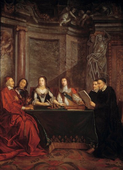 Vicdan Konseyi: Saint Vincent de Paul, Kardinal Jules Mazarin (Giulio Raimondo Mazzarino veya Mazarino) (1602-1661), Pierre Seguier (1588-1672), Avusturya Kraliçesi Anne (1601-1666) huzurunda okuma vicdan konseyi başkanı ) ve Louis XIV (1638) by Jean François de Troy