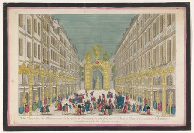Fransa Kralı XV. Louis'nin 1745'teki restorasyonu vesilesiyle Paris'teki Rue de la Feronnerie'nin dekorasyonunun görünümü. Vue perspektif des aydınlatmalar de la Ruë de la Feronnerie du côté de la Ruë St. Denis a Paris ( .. .) (başlık o by Jean François Daumont
