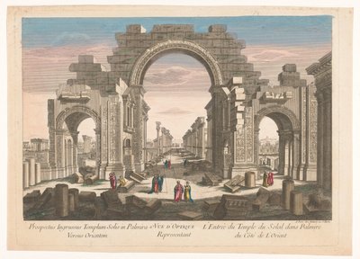 11. yüzyılın doğu tarafından görülen Palmyra'daki revak kemerinin kalıntılarının görünümü. Vue d'optique temsilcisi l'entrée du temple du soleil dans Palmire du côté de l'orient (nesne üzerindeki başlık) by Jean François Daumont