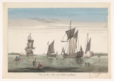 Gün batımında gemiler ve teknelerle deniz manzarası Vuë de la mer au soleil couchant (nesnedeki başlık) by Jean François Daumont