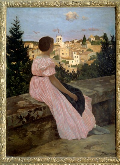 Pembe elbise veya Castelnau le Lez (veya Castelnau-le-Lez, Herault) Manzarası. Sanatçının yeğeni Therese des Hours'un portresi. Jean Frederic Bazille (1841-1870) 1864 Güneş tarafından tablo. 1,4x1,1 m. Tuval üzerine yağlıboya. Paris, musee d'Orsay  by Jean Frederic Bazille