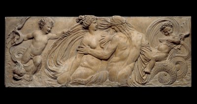 Peri ve küçük cin deniz atına biner; Nymph ve Triton, iki küçük cinle çevrilidir. Düşük kabartma. Jean Goujon