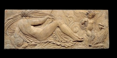 Peri ve küçük cin deniz atına biner; Nymph ve Triton, iki küçük cinle çevrilidir. Düşük kabartma. Jean Goujon