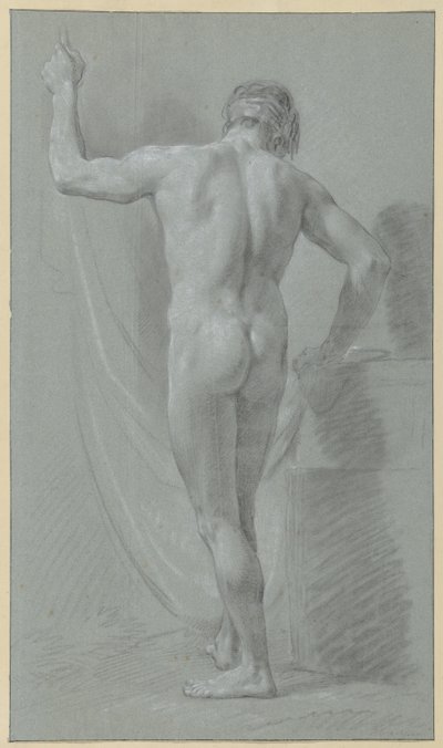 Arkadan görülen bir perdenin önünde çıplak erkek ayakta by Jean Grandjean