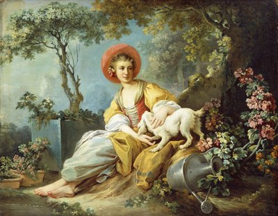 Bahçede Köpek ve Su Kovasıyla Oturan Genç Bir Kadın, by Jean Honore Fragonard
