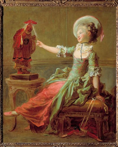 Genç bir kız saçını çeken bir Çin heykeli ile eğleniyor. Jean Honore Fragonard