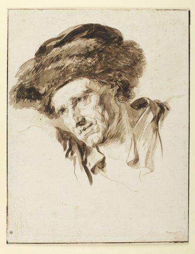 Kürk şapka takan bir adamın başı, 1774 (kalem ve mürekkep, yıkama ve kağıt üzerinde grafit) by Jean Honore Fragonard