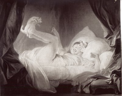 La Gimblette veya Köpeğini Yatağında Dans Eden Genç Kız (tuval üzerine yağlı boya) (s/b fotoğraf) by Jean Honore Fragonard