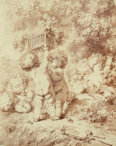 Altı Putti Oyunda, İki Kafes Tutuyor, by Jean Honore Fragonard