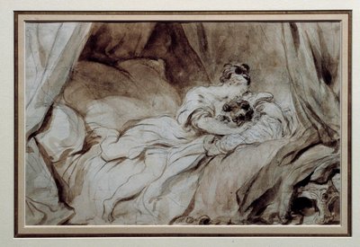 Mutlu an Bir yatakta birbirini okşayan bir çift. Bistre Yıkamada Çizim Jean Honore Fragonard (1732-1806) 18. yüzyıl Özel Koleksiyonu by Jean Honore Fragonard