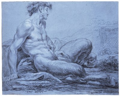 Oturan Faun, c.1755-57 (mavi kağıt üzerine siyah beyaz tebeşir) by Jean II Restout