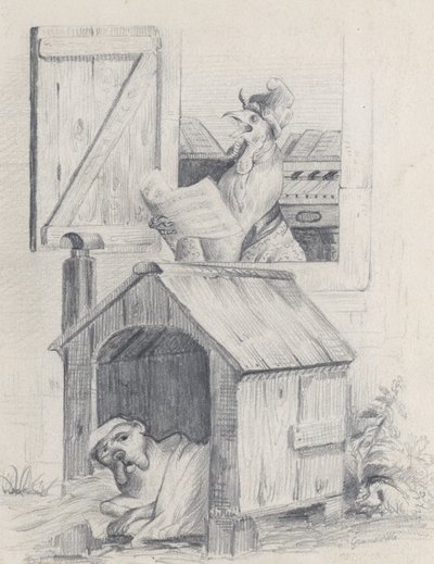 Köpek kulübesinde köpek, pencerede şarkı söyleyen horoz, ca. 1842. by Jean Ignace Isidore Gérard