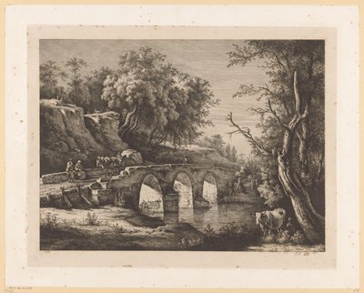 Taş bir köprü üzerinde figürlerle manzara by Jean Jacques de Boissieu