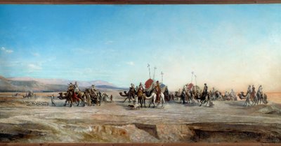 Çölde göçebe ve develerden oluşan bir kamp kervanı arıyorum. Tablo Jean Joseph Bellel (1816-1898) 19. yüzyıl Montpellier, Musee Fabre - Kamp mı arıyorsunuz. Çölde göçebe kervanlar ve develer. Jean Joseph Bellel