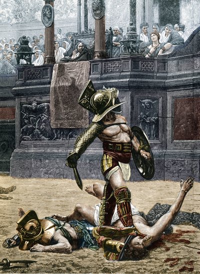 Roma Arenasında Gladyatörler. Seyirciler, kazananı yendiği rakibini esirgememesi ve onu ölüme terk etmesi konusunda uyarıyor. Jean Leon (Jean-Leon) Gerome (1824-1904) tarafından yapılan resmin bir detayından sonraki gravür by Jean Leon (after) Gerome