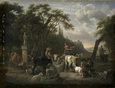 Bir Çeşmede Çobanlar ve Hayvanlarla İtalyan Manzarası by Jean Louis Demarne