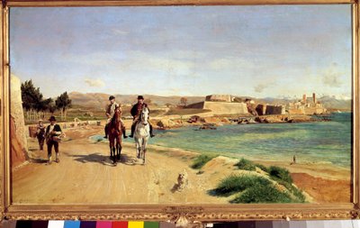 Antibes, ata binmek. Sanatçı ve oğlu Charles (1848-1917), ressam. Ernest Meissonier'in (1815-1891) tablosu by Jean Louis Ernest Meissonier