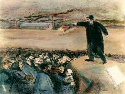 İşçilerin önünde ajitatör Bir konuşmada işçilerin haklarını talep eden işçi hareketinin bir lideri. Jean-Louis Forain (1852-1931) 20. yüzyıl. Özel koleksiyon by Jean Louis Forain