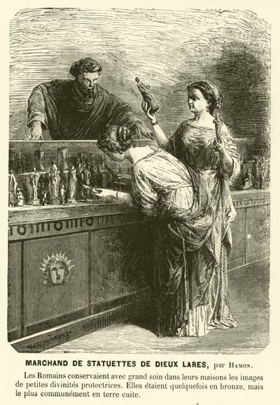 Lares heykelciklerinin satıcısı, antik Roma koruyucu tanrıları (gravür) by Jean Louis Hamon