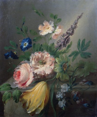Natürmort güller, çarkıfelek çiçekleri, bir lale ve taş bir çıkıntıdaki diğer çiçekler by Jean Louis Prevost