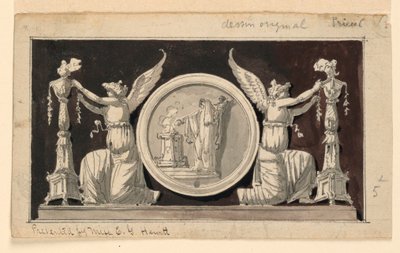 Dekoratif Pano: Şamdanı Süsleyen İki Zafer Arasında Kurban Sahneli Madalyon by Jean Louis Prieur the Younger