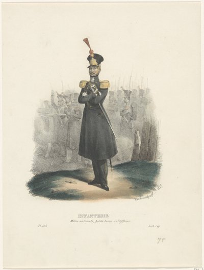 Ulusal Milis Görevlisi, 1829 Piyade / Ulusal Milis, Subayın soyunması (nesne üzerindeki başlık) Belçika kostümleri: eski ve modern, askeri, sivil ve dini, 1830 (seri başlığı) by Jean Louis Van Hemelryck