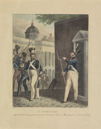 İkinci Duruşma, 1828 2. Sıkıntı. jeff! si tu ne viens pas prendre ma place, demain je te chasse - Mais monsieur - Il n y a pas de mais (nesne üzerindeki başlık) Belçikalı Riflemen