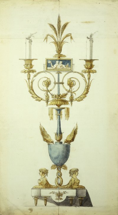Yaldızlı Bronz ve Emaye Şamdan için Tasarım (kağıt üzerinde w/c ile kalem ve mürekkep) by Jean Louis the Younger Prieur
