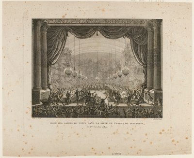 Korumaların, Flanders alaylarının, Montmorency ejderhalarının ve Versailles Ulusal Muhafızlarının Bayramı. Ulusal Kokart#39;ı çiğneyerek, quot;Aristokrat Konfederasyonuquot;nun bir işareti olan siyah kokartı sergiliyorlar by Jean Louis the Younger Prieur