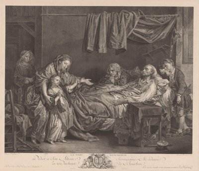 Hasta bir yatak etrafında aile La Dame Bienfaisante (nesne üzerindeki başlık) by Jean Massard