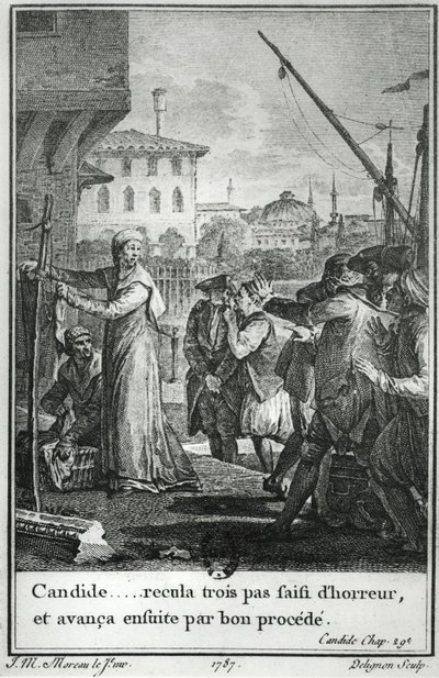 Candide ... dehşet içinde üç adım geri attı ve ardından iyi bir süreçle ilerledi, Jean Louis Delignon (1755-1804) 1787 tarafından oyulmuş Francois Voltaire (1694-1778) Candide