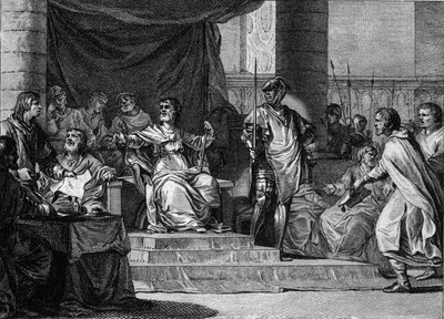 Merovenj “tembel krallar” saltanatının hayali temsili: Clovis III (682-695), Childebert III (683-711) ve Dagobert III (697-715 civarında) uyuyor ve Pepin le Jeune veya Herstal Palace belediye başkanının arkasında oturuyor (653-714 civarında). Je tarafından by Jean Michel the Younger Moreau