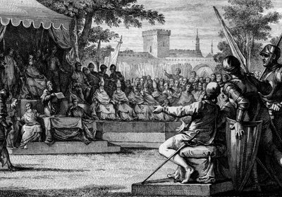 Charlemagne kapsamında mevzuat: Anlaşma veya anlaşmazlıklarını haykıran insanların temsilcilerine yeni bir yasayı yüksek sesle okumak. 8-9 yüzyıl. Jean Michel Moreau